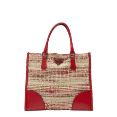 プラダ 三角ロゴプレート ニット トートバッグ ハンドバッグ レッド ベージュ ウール レザー レディース PRADA【1-0241924】