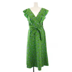 ケイトスペード KATE SPADE フレアワンピース ミモレ ロング ノースリーブ Vネック 花柄 フリル ベルト 6 緑 グリーン タグ付き /BB