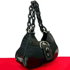 極 美品 PRADA プラダ 三角ロゴ 金具 パテント エナメル レザー ナイロン セミ ショルダーバッグ ハンドバッグ ブラック 黒 37876