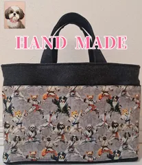 クーポンあり！【ポケットいっぱい♩】犬柄　中仕切り付き　ミニトートバッグ