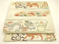 平和屋着物＊夏物　アンティーク　大正ロマン　九寸開き名古屋帯　横段花文　龍　唐獅子　金銀糸　正絹　逸品　DABA0476cm