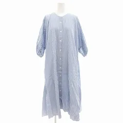 ミズイロインド mizuiro ind 美品 シャツワンピース バンドカラー ストライプ 7分袖 マキシ ロング 青 ブルー 白 ホワイト /AE