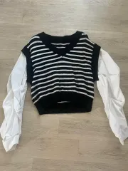ニット ベスト シャツ レイヤード ブラック ホワイト ストライプ