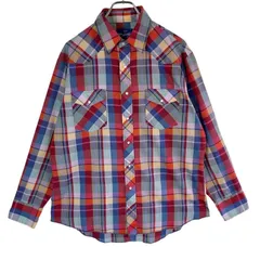 80s90sラングラーWrangler長袖ウエスタンシャツチェックシャツ好配色マルチカラー赤レッド白ホワイト青ブルー赤レッド紫パープルベージュスナップボタンショルダーヨークy2kアメカジレトログランパコアvintageヴィンテージ51107