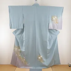 訪問着 スモーキーブルーｘ薄紫色ｘ白色ｘ薄緑色 ぼかし 箔入り 花紋様 広衿 正絹 仕立て上がり着物 身丈158cm