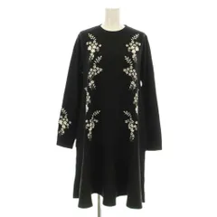 チェスティ Chesty 23AW フラワーリーフ刺繍ニットワンピース フレア ひざ丈 長袖 クルーネック ウール混 0 黒 ブラック 23M501 /KU ■BM