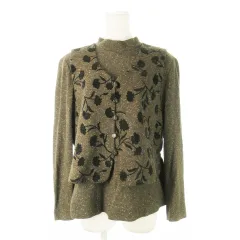 レリアン Leilian アンサンブル ベスト ジレ カットソー ニット フラワーモチーフ刺繍 大きいサイズ 13 茶 ブラウン カーキ /CK2 ■GY44