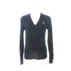 ポロ ラルフローレン POLO RALPH LAUREN ケーブルニット セーター Vネック 長袖 ロゴ刺繍 コットン 小さいサイズ XS 紺 ネイビー /AH1 ■GY18