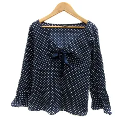 コムサイズム COMME CA ISM カットソー 長袖 フレアスリーブ Vネック ドット柄 リボン L 紺 ネイビー 白 ホワイト /YS12