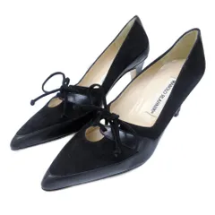 マノロブラニク MANOLO BLAHNIK パンプス スエード 切替 レザー レースアップ ハイヒール 37 約24cm 黒 ブラック IBO79 1111