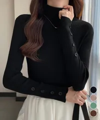 タートルネックニットトップス 袖口ボタン