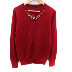 インディヴィ INDIVI ニットカーディガン ミドル丈 ラウンドネック ビジュー 38 M 赤 レッド /SM2