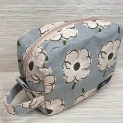 ボックスポーチ 大きめ 花柄 グレー 化粧ポーチ ☆ ハンドメイド トラベルポーチ おむつポーチ 旅行ポーチ