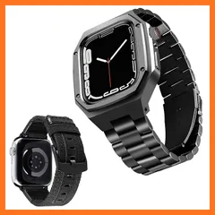 【新品】 コンパチブル Apple Watch バンド 44mm 45mm 2本セット 頑丈な金属製の保護ケース付きメタル時計ベルトと交換用帆布ストラップセット コンパチブル iWatchバンド Series 9/8/7/SE2/SE/6/5/4に対応（黒 1