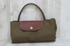 LONGCHAMP ロンシャン  レザーハンドル ナイロン トートバッグ  カーキ ※角スレあり