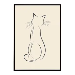 【A4サイズ（約21x30cm）】【lh-poster-11368】ネコ 猫 キャット 動物 アニマル ラインアート  ナチュラル ミニマリスト ミニマル 北欧 シンプル 鉛筆 ポスター フレーム付き       お洒落