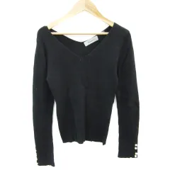 リランドチュール Rirandture リブニット カットソー 長袖 Vネック パールビーズ 2 ダークネイビー 濃紺 /YM22