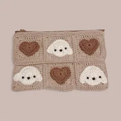 【a2◯編み物】グラニースクエア　犬×ハート　モチーフ　ペンケース　ポーチ