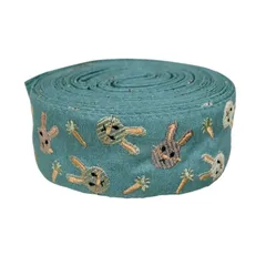 インド刺繍リボン50cm切り売り うさぎとニンジン ブルー 5cm幅 HC ラビット バニー 兎 R-0808