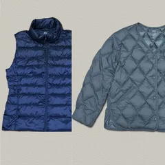 【訳あり】UNIQLO ウルトラライトダウンジャケット S 2着セット　ユニクロ 青色系 ネイビー レディース ダウン フェザー ナイロン 緑色系 カーキ キルティング ハイカラー ノーカラー