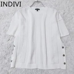 インディヴィ　ニット　サイドスリット　ボタン　メッシュ　ドレープ　クルーネック　リブ編み　エレガント　上品　シンプル　ホワイト系　サイズ38  Mサイズ相当
