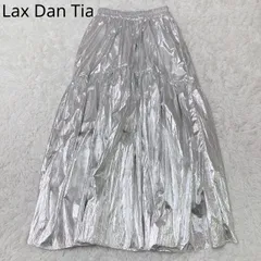 ラックスダンティア　フレアスカート　メタリック　ティアード　ウエストゴム　薄手　光沢　Aライン　華やか　シンプル　上品　シルバー