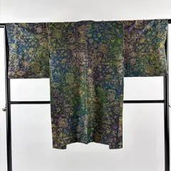【美品】 羽織 身丈101cm 裄丈65.5cm M 三重織 花唐草 幾何学模様 深緑 正絹 秀品 【中古】