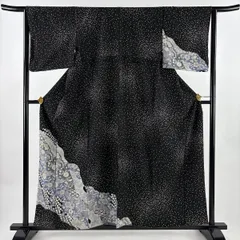付下げ 身丈158.5cm 裄丈64cm M 袷 辻が花柄 大小あられ 黒 正絹 秀品 【中古】