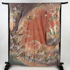 振袖 身丈164.5cm 裄丈66cm M 袷 鶴 扇面 金銀彩 ぼかし サーモンピンク 正絹 秀品 【中古】