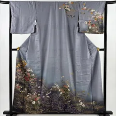 訪問着 身丈156cm 裄丈65.5cm M 袷 牡丹 流水 金糸 刺繍 灰紫 正絹 秀品 【中古】