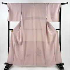 付下げ 身丈161cm 裄丈67cm M 袷 鼓 草花 刺繍 金糸 薄ピンク 正絹 秀品 一つ紋 【中古】