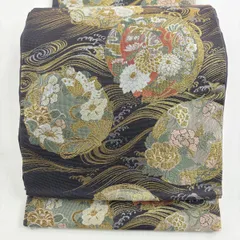 袋帯 秀品 花丸紋 波 箔 金糸 青灰色 六通 正絹 【中古】