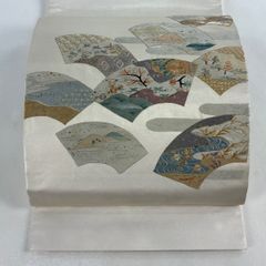 袋帯 逸品 蒋雪英 落款 鈴乃屋 扇面 草花 蘇州刺繍 金糸 クリーム