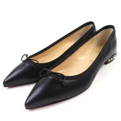 未使用品△Christian Louboutin クリスチャンルブタン HALL FLAT NAPPA レザー ポインテッドトゥ スパイクスタッズ フラットシューズ パンプス ブラック シルバー金具 37.5 保存袋付き イタリア製 レディース