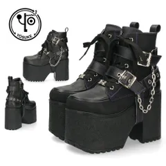 ヨースケ 厚底ブーツ レディース 靴 YOSUKE 4460118 ベルト チェーン サイドファスナー レースアップ 幅広 3E ブラック 黒 ブーツ