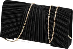 Ken R パーティバッグ 結婚式 クラッチバッグ フォーマル プリーツサテン パーティバック 2way ハンド レディース (ブラック)