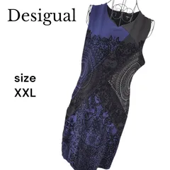 Desigual デシグアル ノースリーブワンピース 幾何学模様 厚手 総柄 XXL ３Ｌ ブラック ブルー ネイビー