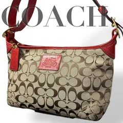 ☆★美品★COACH コーチ★ショルダーバッグ　2WAY　シグネチャー　キャンバス　レザー　肩掛け　斜め掛け　チャーム　ロゴ　ベージュ　レッド★　♯2085