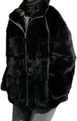 Over the moon ボアジャケット ボアコート もこもこ パーカー アウター ブルゾン ノーカラー 暖か 保温 ルームウエア 羽織 (ブラック,  L)