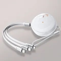ライトニングケーブル タイプC micro USB 3in1マルチケーブル ホワイト 3台同時充電可 巻き取り式 ストラップ スマホ 互換品