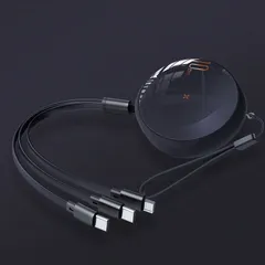 ライトニングケーブル タイプC micro USB 3in1マルチケーブル ブラック 3台同時充電可 巻き取り式 ストラップ スマホ 互換品