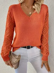 【オレンジ】レディース Vネック ニット セーター トップス レース袖 透け袖 長袖 秋冬 洗える デザイン カジュアル