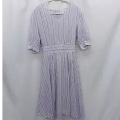 Andemiu アンデミュウ ストライプ Vネック 五分袖ワンピース ブルー F □○