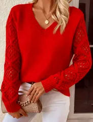 【レッド】レディース Vネック ニット セーター トップス レース袖 透け袖 長袖 秋冬 洗える デザイン カジュアル