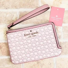 未使用 ケイトスペード ☆ レザー PVC 総柄 リスレット Lジップ ポーチ ピンク系 kate spade