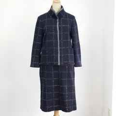 ミラショーン ☆ チェック柄 セットアップ スカート ジャケット 42 日本製 ネイビー系  綿100％ milaschon