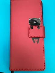 Google Pixel 5 対応 手帳型ケース 赤 × 黒猫デザイン ストラップ付き カード収納