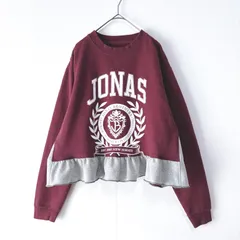 古着リメイクスウェット　裏起毛プリントトレーナー　ボルドー×グレー　ゆったり幅　裾ギャザーフリル　バイカラー