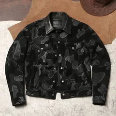 《全新未使用》秋冬ヴィンテージ本革カモフラージュジャケット 重厚スエード牛革アウター 男女兼用 ワーク507ハイウエストモデル（K）【ブラウン】