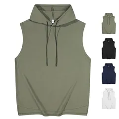 メンズ パーカー プルオーバー フード付き ノースリーブ 無地 袖なし 薄手 カジュアル 夏 ファッション